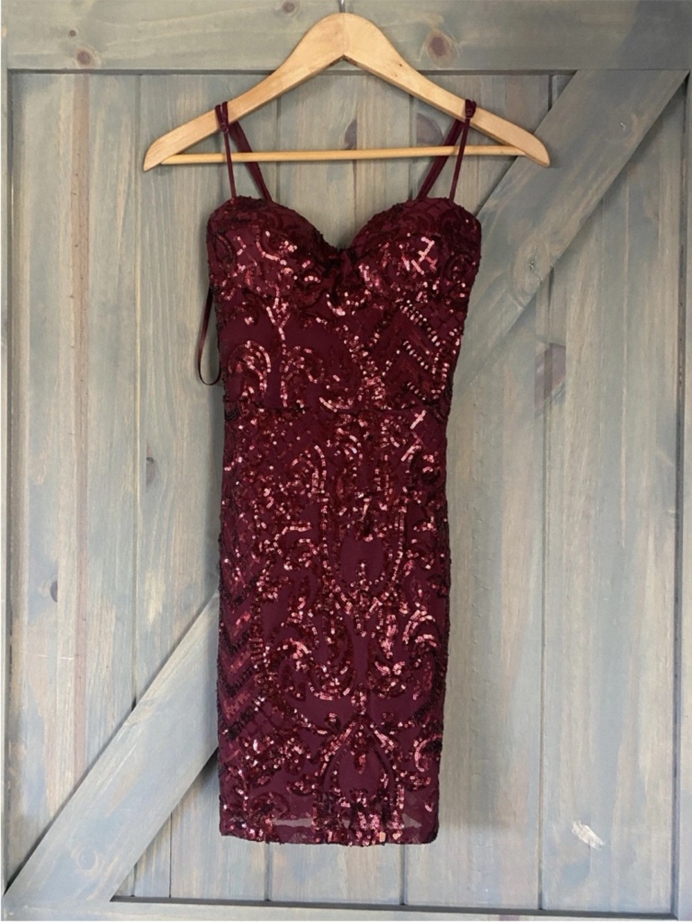 Windsor Sequin Bodycon Dress in Burgundy - Spaghetti Strap Cocktail Dress